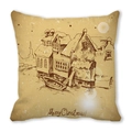 Peach skin cushion cover with vintage hand-drawn snow scene and Merry Christmas text - Vintage Europe Snow Scene Illustration (23)