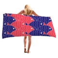Thick beach towel featuring a blue and coral red geometric whale pattern in microfibre - Red Blue Geometric Fish Pattern / 150x75cm