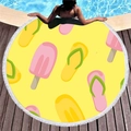 Yellow round beach towel with popsicle and flip-flop patterns and white fringe edge - Yellow Popsicle Vacation (12)