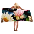 Floral microfiber beach towel with realistic lotus print on black background - Pink Lotus On Black Style (2)