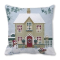 Christmas cushion cover with hand-drawn snowman and yellow winter house illustration - Snowy Yellow House Snowman (29)