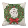 Detail van kerstkrans kussensloop met Joy-tekst en rode strik op wit houtstructuur - Witte Houttextuur Joy Krans (16)