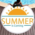 Round summer beach towel with yellow sun print, tassel edges and Summer text - Sun Coming (9) / 150cm
