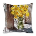 Square pillowcase featuring artistic oil painting of yellow daffodils in glass vase - Oil Painting Vase Yellow Daffodil