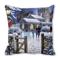 Peach skin pillow cover featuring a scenic winter snow oil painting with a cozy cottage - Stone Church Winter Snowy Scene (30)