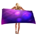 Starry night galaxy pattern beach towel held by female model in purple universe theme - Deep Purple Starry Sky Pattern (1)