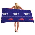 Navy blue microfiber beach towel featuring repeating white waves and small red fish patterns - Blue Fish Wave Pattern / 150x75cm