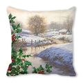 Square Christmas pillowcase featuring a snowy winter cabin and holly berry print - Winter Stream and Cottage Style (11)