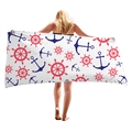 Thick microfiber beach towel with nautical navy anchors and red ship wheel print - Blue Anchor And Red Rudder / 150x75cm