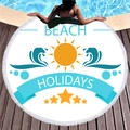 Round white beach towel with blue and orange Summer graphics and white tassels - Beach Holidays (11) / 150cm