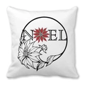 Close-up of NOEL lettering and poinsettia floral print on white square cushion cover - 18x18 Inch / Line Drawing Floral NOEL Style (29)
