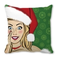 Detail of square cushion cover with pop art Christmas woman design and snowflake pattern - 18x18 Inch / 2