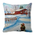 Linen pillow cover with Christmas red house snow scene and artistic winter oil painting - Red House Snowy Oil Painting Character (34)