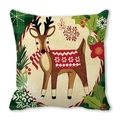 Detail van kerstkussenhoes met rendierillustratie en hulstdecoratie op zachte perzikhuidstof - Geblokte Deken Rendier (27) / 45x45cm