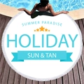 Round summer paradise beach towel with fringe edge and holiday lettering on wood floor - Summer Paradise Stars (12) / 150cm