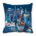 Square pillowcase in navy blue featuring world landmarks and winter holiday motifs - Dark Blue Global Landmarks Illustration (35)