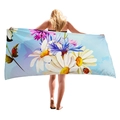 Floral microfiber beach towel with white daisy and blue cornflower print and ladybug - Daisy And Cornflower On Aqua Style (7)