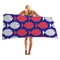 Thick beach towel featuring cartoon whale and fish patterns in deep blue and red - Red White Cartoon Fish Pattern / 150x75cm