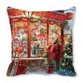 Christmas cushion cover featuring a vintage toy shop illustration and pine tree scene - Toy Shop Window Cozy Scene (37)