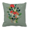 Green Christmas cushion cover with red floral patterns and Merry Christmas text - Bean Green Red Flower Merry Christmas