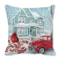 Christmas truck cushion cover with red pickup and winter cottage print on peach skin - Style 16 (Red Pickup/Villa)