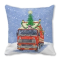 Christmas pillowcase featuring a red vintage truck and snowy winter scene on white background - Style 38 (Red Van/Blue Snow Background)