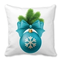 Detalle de funda de cojín navideño con bola azul y lazo festivo en tejido de piel de melocotón - Base Blanca Estampado de Bolas de Navidad con Lazo Azul (9)