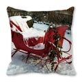 Detail of Christmas pillow cover with vintage red sled and winter snow scene print - Style 35 (Red Sleigh/Evergreen)