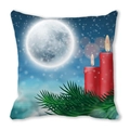 Detalle de funda de cojín navideña con velas, ramas de pino y estampado de luna llena - Estampado de Noche con Velas y Ramas de Pino (29)