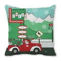 Detail view of cartoon Santa truck print on peach skin velvet Christmas cushion cover - Style 23 (Santa Driving Truck/Signs)