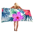 Thick beach towel with vibrant tropical hibiscus flowers and palm leaf patterns - Pink Red Hibiscus Teal Leaves (7)