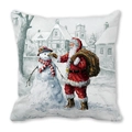 Christmas pillowcase with Santa Claus and snowman oil painting print on white peach skin - Santa Decorating Snowman Style (19)