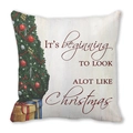 Nordic Christmas pillow cover with festive tree and gift box art on beige linen - Beige Hand-Drawn Tree Gift Box (40)