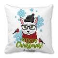 Housse de coussin de Noël blanche avec chat de dessin animé, lunettes et écharpe - 45x45cm / Chat aux Lunettes Noires (22)