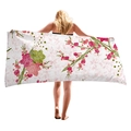 Floral beach towel with pink flower patterns and green leaves on white fabric background - Pink Floral Style (1)