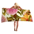 Microfiber beach towel with pink roses and yellow hibiscus floral print on beige base - Pink Rose On Cream Style (11)
