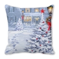 Close-up of Christmas pillowcase featuring oil painting style snowy house and festive tree - Snowy Night House Landscape (1)