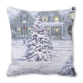 Detailed view of Santa and snowman pillowcase with festive winter oil painting print - Snowy Night House and Christmas Tree (12)