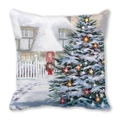 Detail of Christmas pillow cover featuring a winter oil painting with snowy tree and house - Starry Christmas Tree (2)