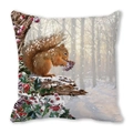 Detailed view of square pillow cover with squirrel and pine cone winter oil painting print - Snow Squirrel with Pinecone (14)