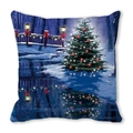Detail of Christmas tree oil painting print on velvet peach skin pillow case - Lakeside Christmas Night Scene (17)