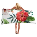 Tropical beach towel with vibrant red and pink hibiscus flowers and green leaf patterns - Tropical Hibiscus And Green Leaves (9)