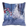 Detail of Christmas pillowcase showing four snowmen near glowing white trees on blue background - Four Snowmen (21)