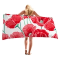Thick beach towel with large red poppy floral print wrap on blonde model - Red Poppy Style (2)