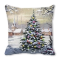 Detail of oil painting style Santa Snowman Christmas tree pillowcase on peach skin fabric - European Building Christmas Tree (24)
