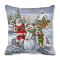 Detail of square pillowcase with vintage Santa and snowman print on soft peach skin fabric - Santa Snowman Forest Cabin (35)