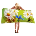 Microfiber beach towel with green base and large daisy and cornflower floral prints - White Daisy On Bright Green Style (12)