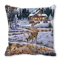 Detailed winter cabin oil painting print on square Christmas reindeer pillowcase - Winter Country Scenery Cabin (25)