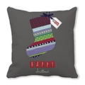 Deep grey square Christmas pillowcase with patchwork stocking and Happy Christmas text - Dark Grey Patchwork Christmas Sock (20) / 18x18 Inch