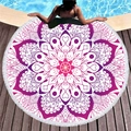 Round mandala beach towel with white tassels on wooden deck by a pool - Deep Purple-Magenta Mandala (10)